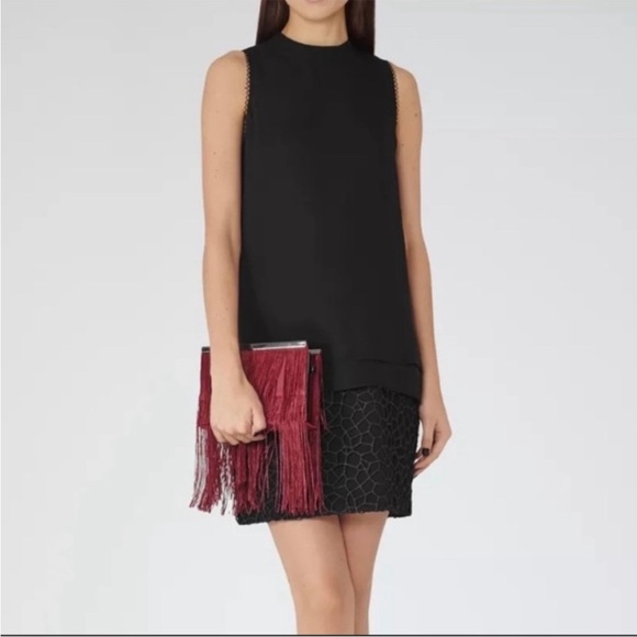 Womens Like New Reiss Black Metallic Coral Design Flowey Tiered Shift Mini Dress - Picture 1 of 9